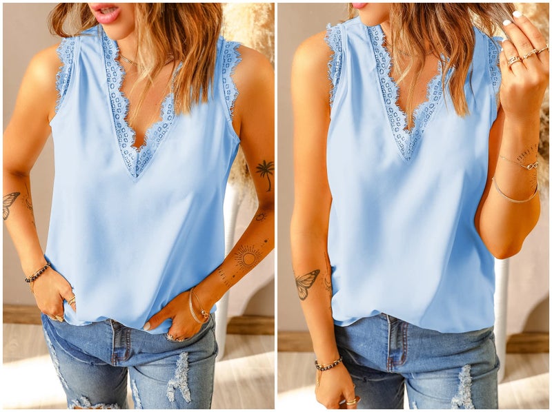 lime flare Women Sexy Summer Lace Trim Satin Cami Tank Tops Dressy Silk Lacy Camisole Shirt (Sky Blue Eyelash Lace,XLarge) - Image 5